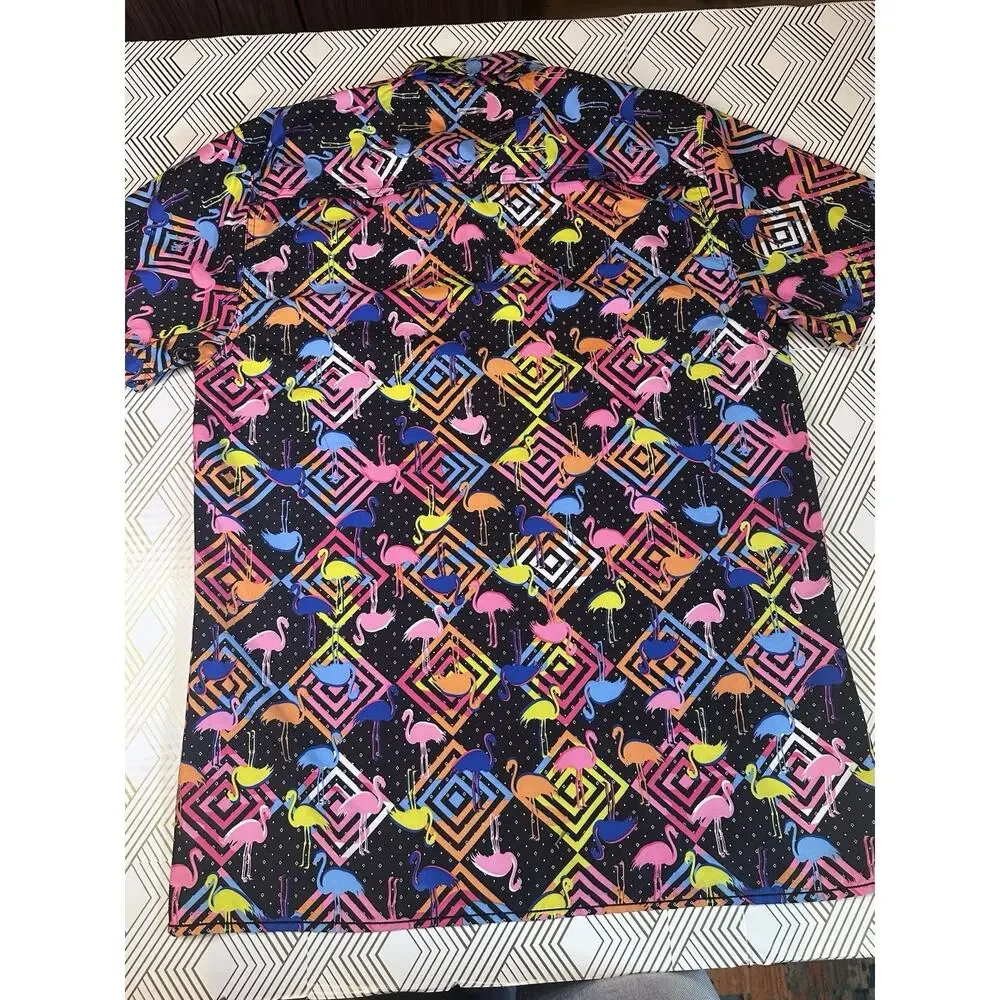 Surf Society Flamingo Shirt /Vibrant Print Against A Black Background Size XL